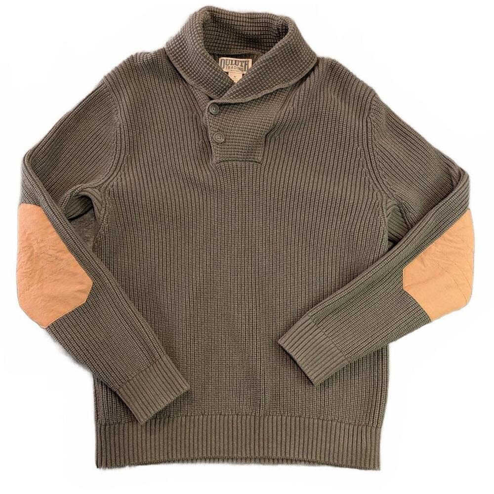 Duluth Trading Co. Men's M Olive Green Waffle Knit Shawl Sweater w Elbow Patches